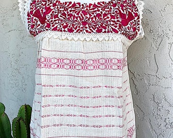 SALE - Embroidered Blouse - off white/fuchsia - pink doll color range -  Ladies - Boho Mexican - One of a Kind