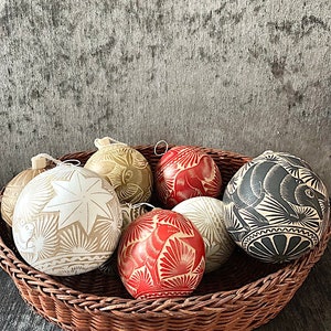 set of 3 Mexican Boho Christmas Ornaments white/black/red/natural/gold color range One of a Kind image 1