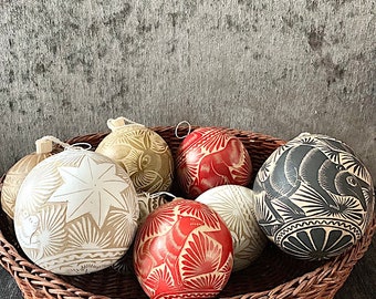 set of 3 - Mexican Boho Christmas Ornaments - white/black/red/natural/gold - color range - One of a Kind