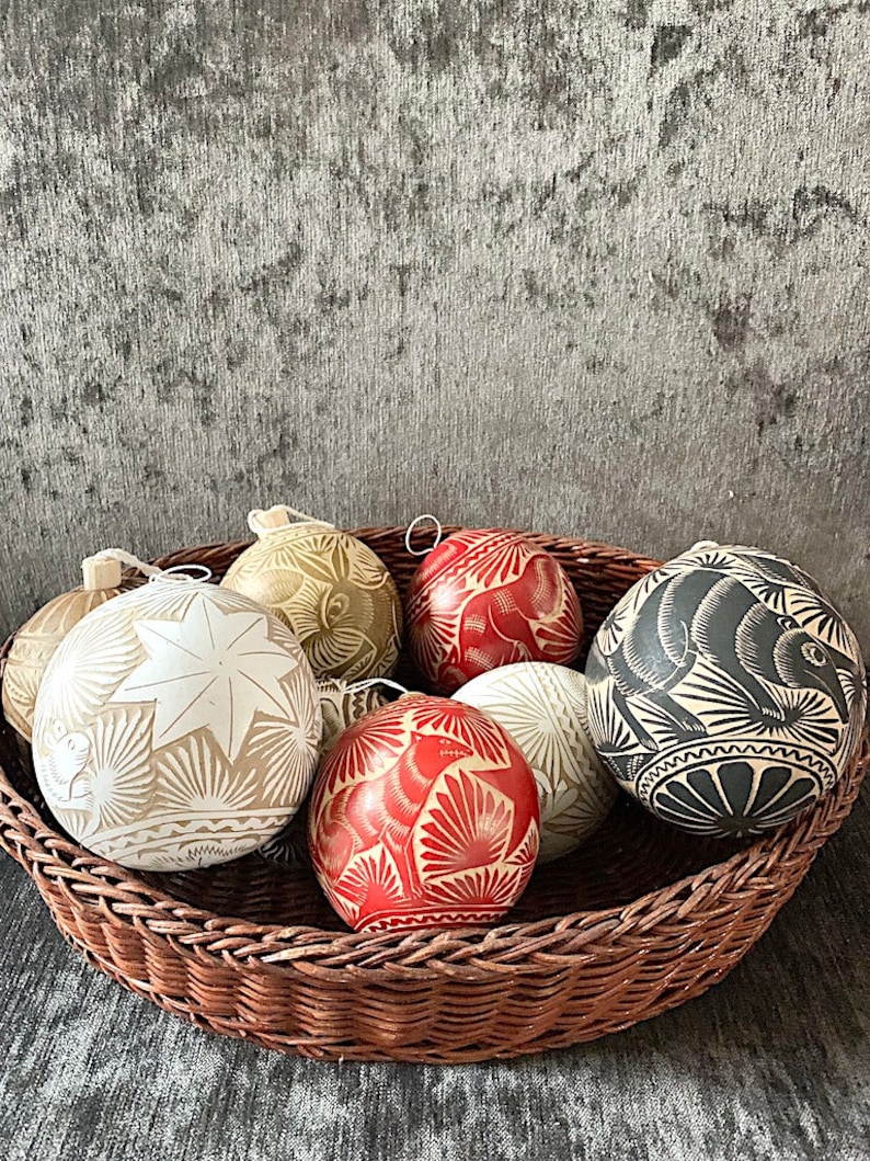 set of 3 Mexican Boho Christmas Ornaments white/black/red/natural/gold color range One of a Kind image 1