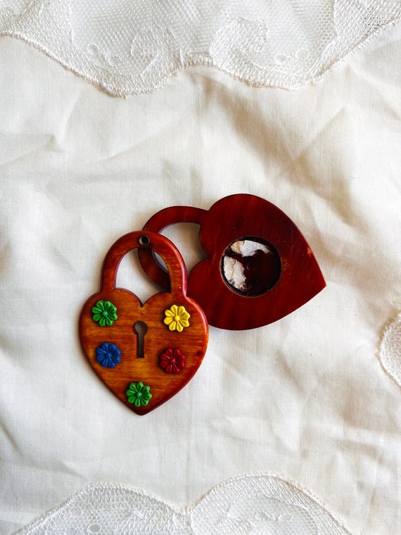 vintage heart shaped brooch - wood color carved f… - image 2
