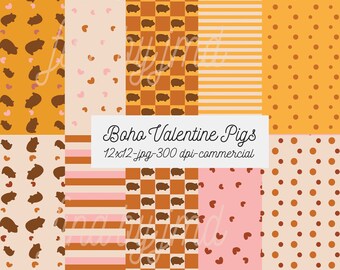 Boho Valentine Pigs  - Retro - orange/pink/mustard - seamless digital patterns - Galentine 2024