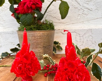 5" set of 2 - Red Candles - Floral -  Boho Luxe Table scape - Home Wedding Event Decor