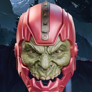 May include: A pink Trapjaw Helmet featuring a central metallic ridge with spikes, framing a detailed green creature face with visible teeth and eyes. The text TRAPJAW HELMET is displayed in a gradient font at the top of the image.