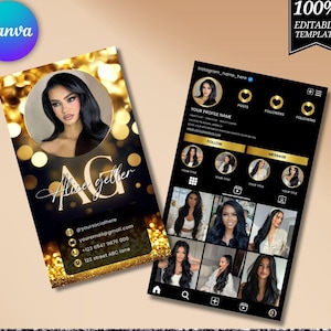 Cartão de visita do Instagram com tema dourado e glitter preto, cartão de visita do IG, design de modelo de cartão de visita Canva faça você mesmo, cartão de visita com código QR, cartões