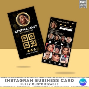 Instagram-visitekaartjes make-upartiest, DIY sjabloonontwerp canva visitekaartjes, kant-en-klare visitekaartjes, QR-code visitekaartjes Instagram
