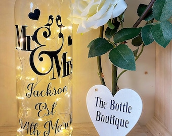 Personalised Wedding Gift Light Up LED Bottle Mr And Mrs