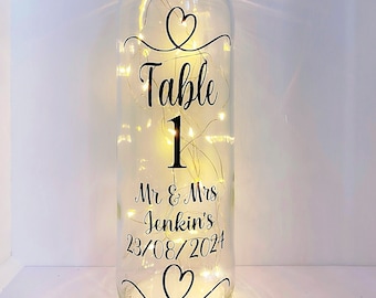 Personalised Wedding Table Numbers Light Up LED Bottle Centerpiece Bride To Be Wedding Decor Wedding Table Plan