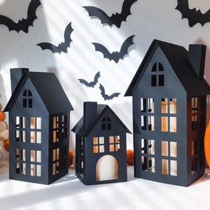 DIY Paper Halloween Tealight Village with Bats, Mantel Decoration Set, Halloween Haunted House Set, Flat-Pack, Includes 3 Houses and 8 Bats