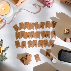 Hand Stamped Advent Gift Tags, Set of 24 Numbered Tags for DIY Advent Calendar, Small Kraft Christmas Countdown Gift Tags