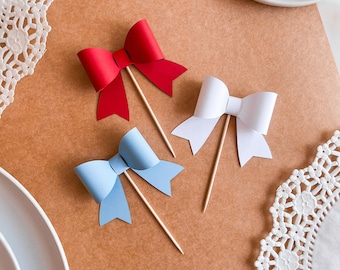 Red White and Light Blue Cupcake Topper Bows, Cake Toppers, Patriotic Cupcakes, 4th of July Baby Shower, USA Party Decor, Summertime BBQ 250