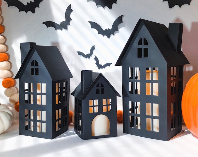 DIY Paper Halloween Tealight Village with Bats, Mantel Decoration Set, Halloween Haunted House Set, Flat-Pack, Includes 3 Houses and 8 Bats