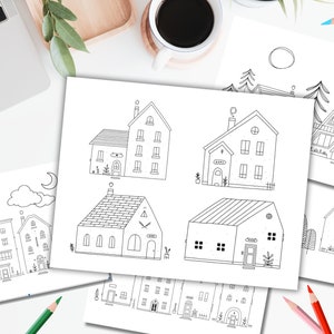 Printable Coloring Pages with Houses, 5-Page Coloring Book, Cute Village Homes, Hand-drawn Architecture, Adult and Kids Coloring Activity image 1