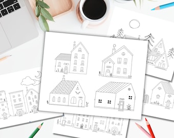 Printable Coloring Pages with Houses, 5-Page Coloring Book, Cute Village Homes, Hand-drawn Architecture, Adult and Kids Coloring Activity