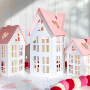 DIY Paper House Village, Valentine’s Day Decoration Set, Pink Christmas Mantel Village, Paper Tea Light Luminaries, Flat-Pack,Set of 3