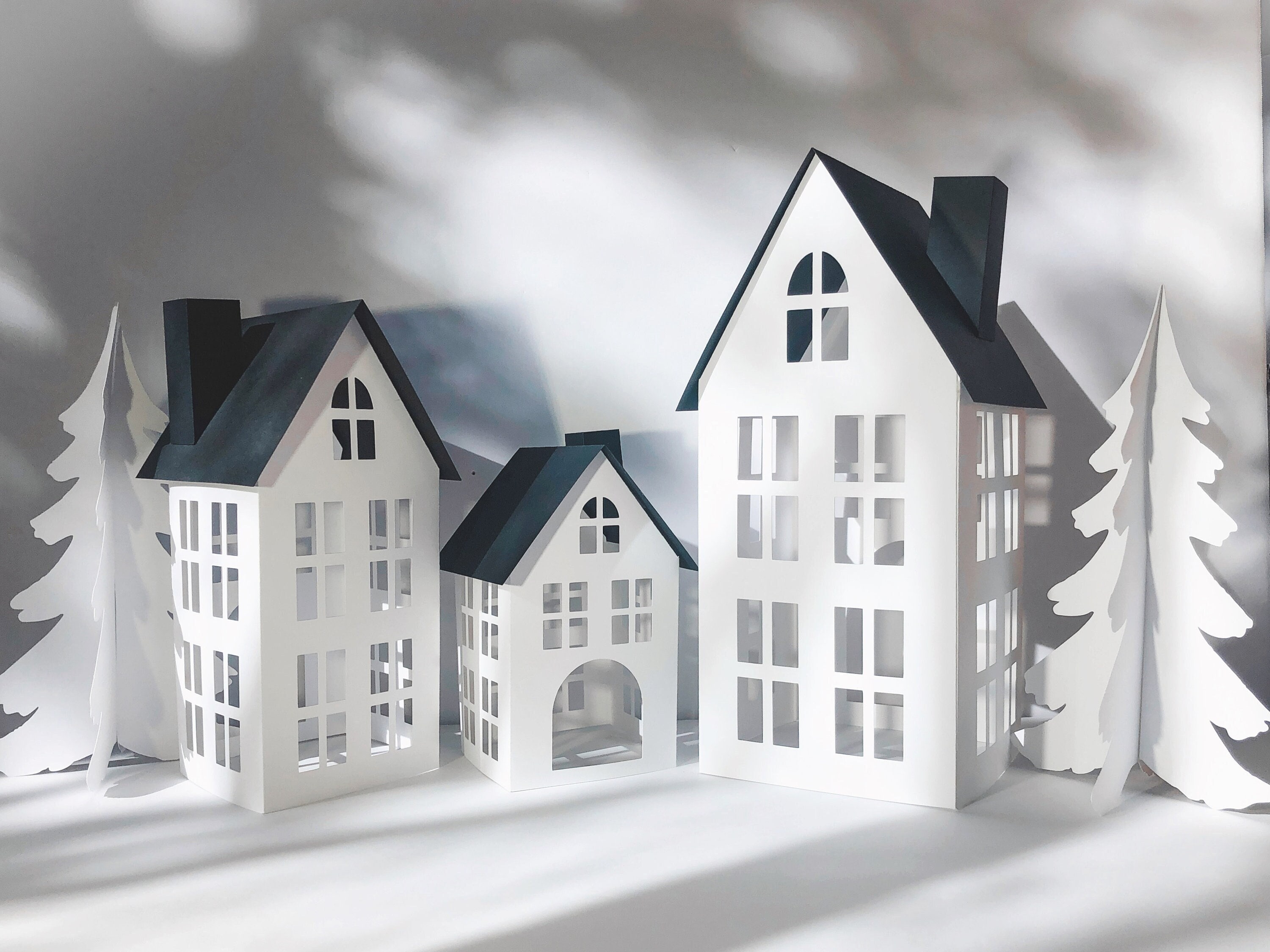 DIY Paper House Village, Holiday Mantel Decor Set, Christmas Village, Winter Village Luminary Houses, Flat-Pack, Set: 3 Houses, 2 Trees