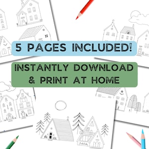 Printable Coloring Pages with Houses, 5-Page Coloring Book, Cute Village Homes, Hand-drawn Architecture, Adult and Kids Coloring Activity image 2