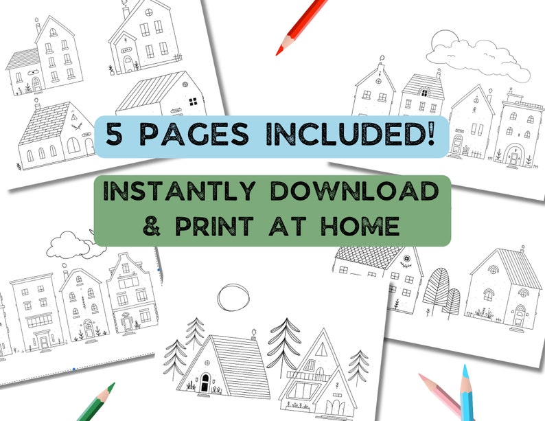 Printable Coloring Pages with Houses, 5-Page Coloring Book, Cute Village Homes, Hand-drawn Architecture, Adult and Kids Coloring Activity image 2