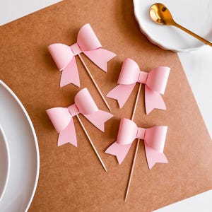 Pink Bow Cupcake Toppers Set of 12, Ribbon Cake Topper, Baby in Bloom Baby Shower Decor, She&#39;s Tying the Knot, Girls Birthday, Pink Party