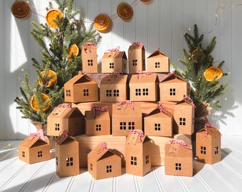 Advent Calendar Christmas Village Houses, Set of 24 House Shaped Gift Boxes, Fillable and Reusable Christmas Countdown Calendar, Gift Tags