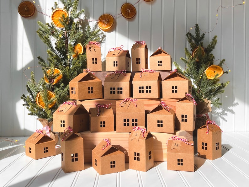 This is our Advent Calendar Village Set with 24 Kraft paper house boxes!