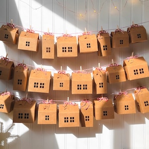 Advent Calendar Village Houses, Set of 24 House Shaped Gift Boxes, Fillable and Reusable Christmas Countdown Calendar, Numbered Gift Tags