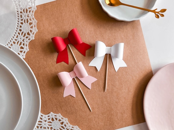 Valentine’s Day Cupcake Topper Bows, Ribbon Cake Toppers, Galentines Day Decor, February Baby Shower, Girls Birthday Party, Red Pink, White