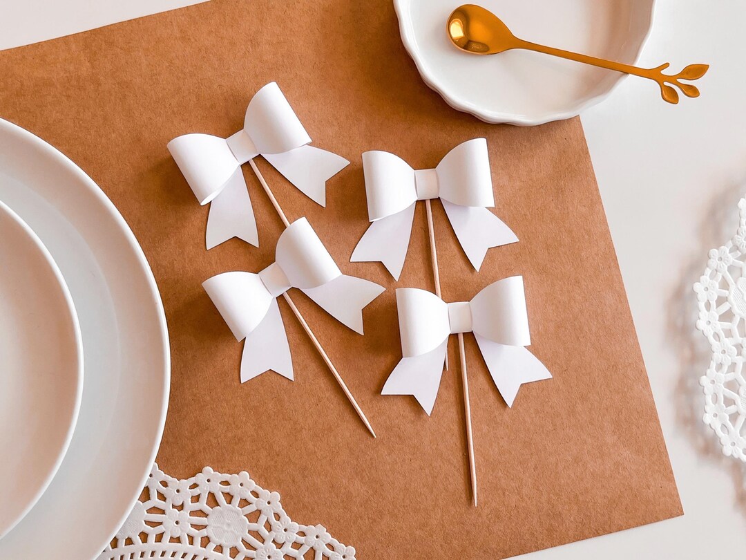White Bow Cupcake Toppers, Ribbon Cake Topper, Engagement Party, Black ...