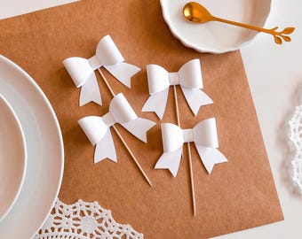 White Bow Cupcake Toppers, Ribbon Cake Topper, Engagement Party, Black Tie Event, She's Tying the Knot, Birthday Decor, Baby Shower Cake