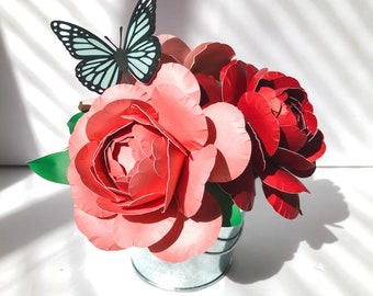 Paper Peony Flower Bouquet with Monarch Butterfly in Tin Pail, 7” Diameter, Housewarming Gift, Table Centerpiece Floral Arrangement