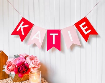 Personalized Name Banner, Custom Banner for Birthday Party, Pink and Red Paper, Party Decor, Birthday Name Pennant, Customizable Bunting