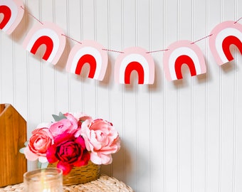 Rainbow Party Banner for Birthday, Pink, White, and Red Paper Party Theme Decor, Children’s Nursery Wall Hanging, Bunting, Garland, Boho