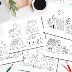 Printable Coloring Pages with Houses, 5-Page Coloring Book, Cute Village Homes, Hand-drawn Architecture, Adult and Kids Coloring Activity image 3