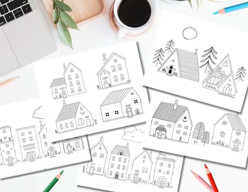 Printable Coloring Pages with Houses, 5-Page Coloring Book, Cute Village Homes, Hand-drawn Architecture, Adult and Kids Coloring Activity image 3