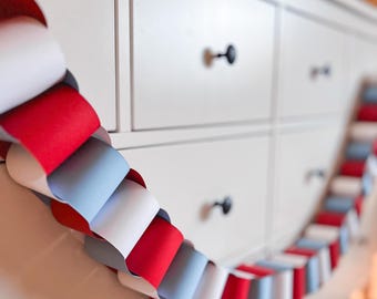 Red White and Light Blue Paper Chain Garland, Fully Assembled, 4th of July Baby Shower, USA Patriotic Party Decor, Summertime BBQ, Americana