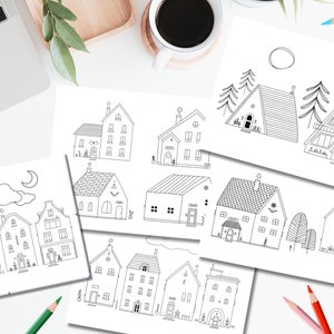 Printable Coloring Pages with Houses, 5-Page Coloring Book, Cute Village Homes, Hand-drawn Architecture, Adult and Kids Coloring Activity image 4