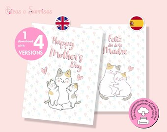 Tarjeta día de la madre imprimible, mamá gata y gatitos, invitación adorable para mamá. Incluye 4 modelos en español e inglés