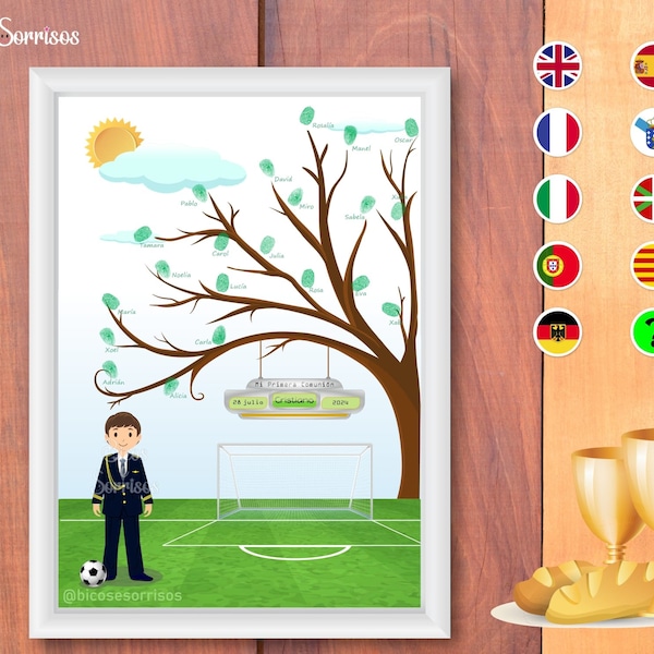 Árbol de huellas fútbol de primera comunión, para niño y niña. Archivo digital