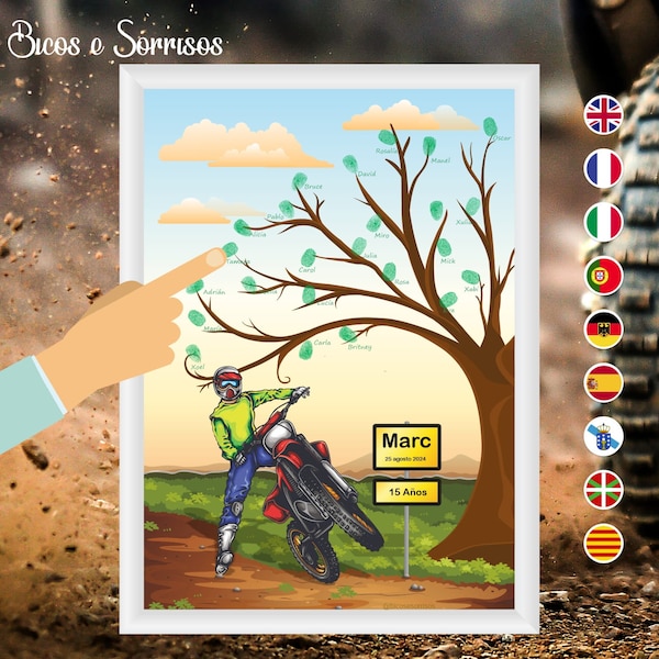 Personalized Motocross footprint tree, birthday or championship gift for ace bikers, souvenir of friends or guests. Digital file