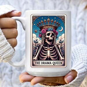 Carte de tarot la reine du théâtre, tasse à café, tasse en céramique, lavable au lave-vaisselle, passe au micro-ondes, tasse tête de mort
