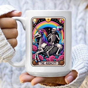 Carte de tarot l'audace, tasse à café, tasse en céramique, passe au lave-vaisselle, passe au micro-ondes, tasse tête de mort