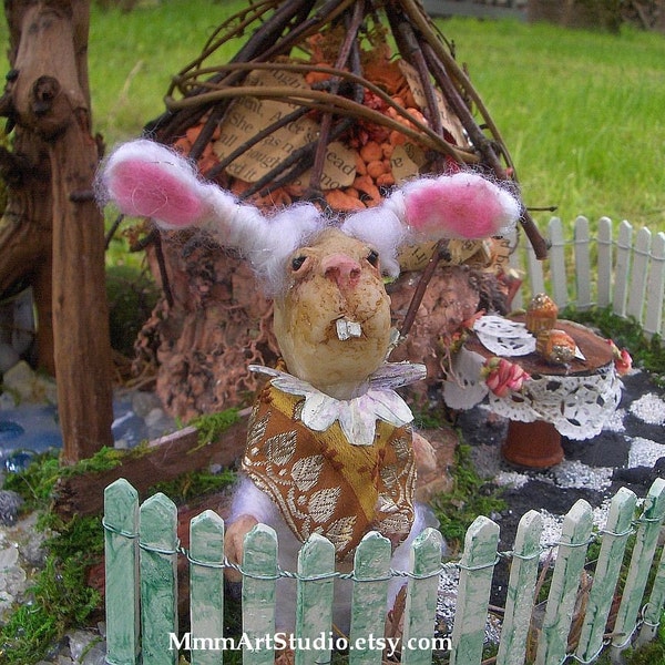 Alice in Wonderland White Rabbit Art Doll OOAK Miniature 1:12 Unique Fairy House Sculpture Magical