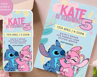 Stitch and Angel Birthday Invitation, Digital editable and printable invitation