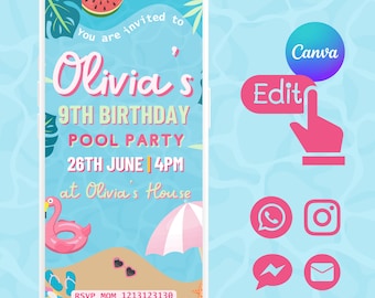 Summer Party Birthday Invitation Template, Digital pool birthday invitation, pool party invitation, pool party invite, girl birthday