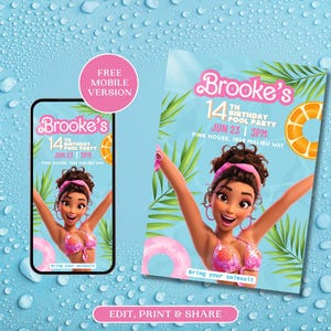 Barbie pool invitation, teen invitation, digital editable and printable invitation, pool invite, pink doll