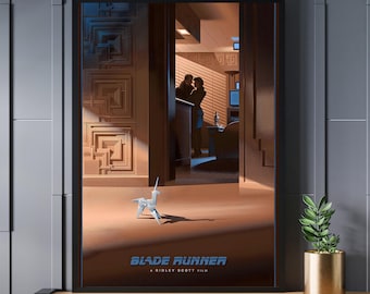May include: A poster for the movie Blade Runner, a Ridley Scott film. The poster features a dark silhouette of a couple in a doorway, a white origami unicorn in the foreground, and the title "Blade Runner" in blue text.