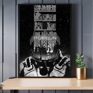 Può includere: Un poster in bianco e nero con un'immagine stilizzata di un casco da astronauta. Il casco è pieno di un motivo a griglia e la parola "INTERSTELLAR" è stampata sopra.