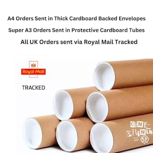 May include: Brown cardboard mailing tubes with white end caps stacked on top of each other. The tubes are used to ship posters and prints. The text "CINE-PRINTS" is visible on the bottom right corner of the image. The text "Royal Mail TRACKED" is visible in the top left corner of the image.