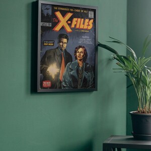 May include: A vintage comic book cover featuring the X-Files, a popular television series about FBI agents investigating paranormal cases. The cover features the show's title in bold, yellow letters with a red X. The cover also features two FBI agents, a man and a woman, standing in front of a bright light. The text on the cover reads "The Strangest Fri-Cases of All!" and "Special Agent Dana Scully & The Lone Gunmen."