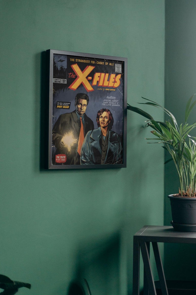 May include: A vintage comic book cover featuring the X-Files, a popular television series about FBI agents investigating paranormal cases. The cover features the show's title in bold, yellow letters with a red X. The cover also features two FBI agents, a man and a woman, standing in front of a bright light. The text on the cover reads "The Strangest Fri-Cases of All!" and "Special Agent Dana Scully & The Lone Gunmen."